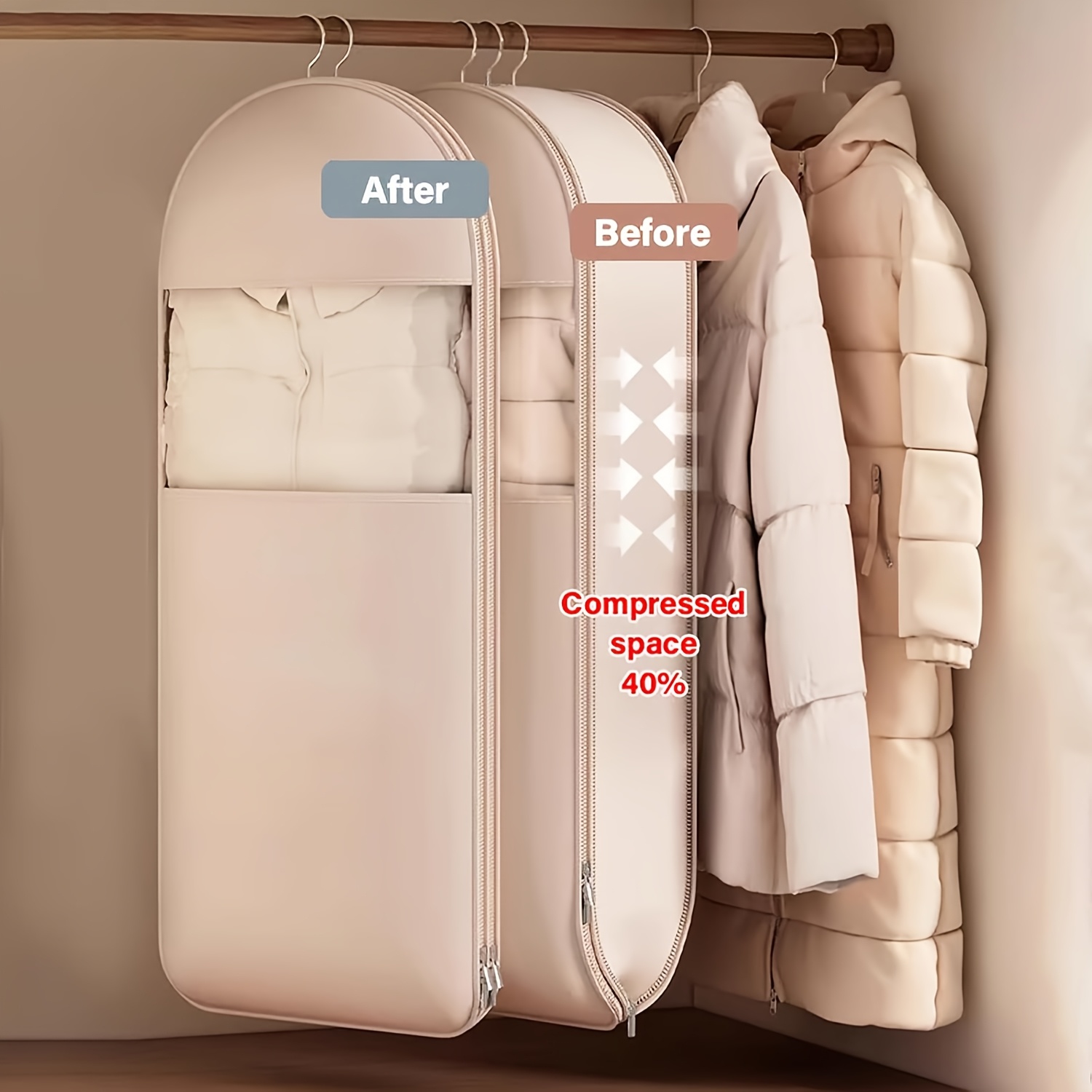 Winter Clothing Storage - حقيبة معلقة مضغوطة باللون البيج، ختم